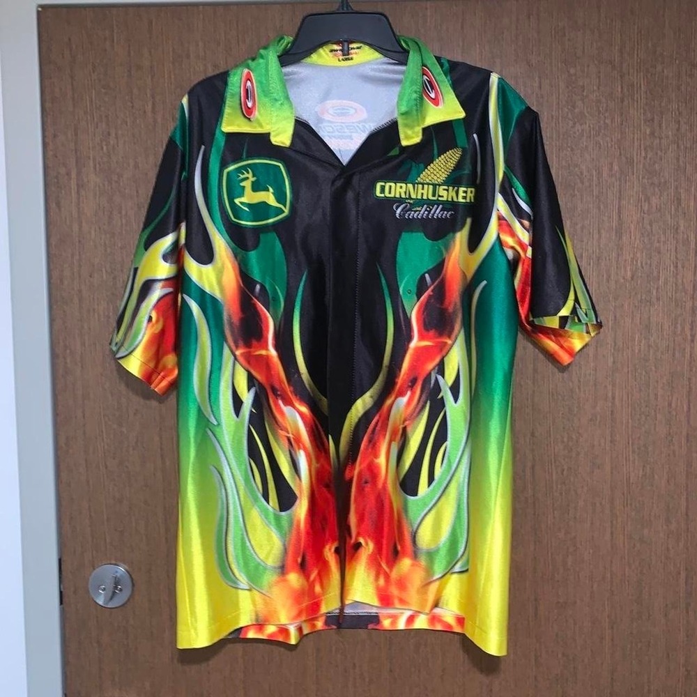 Men's John Deere Cornhusker Cadillac racing shirt polo shirt MENS LARGE Vintage